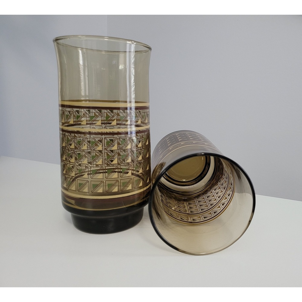 Retro‎ Brown Glasses Drinking Glasses with Textile Checkered Design – Set of Two - Picture 2 of 4